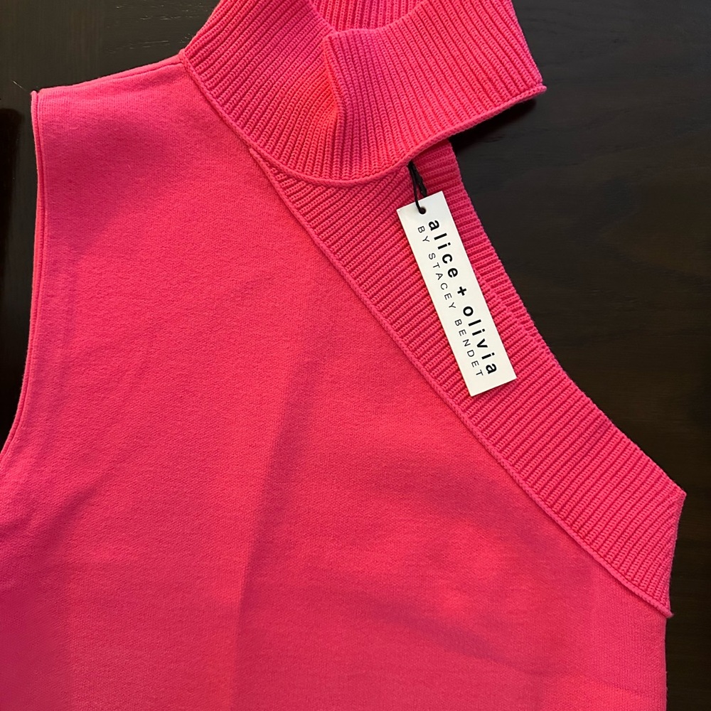 Alice + Olivia Hot Pink One-Shoulder Ribbed Mock Neck Tank